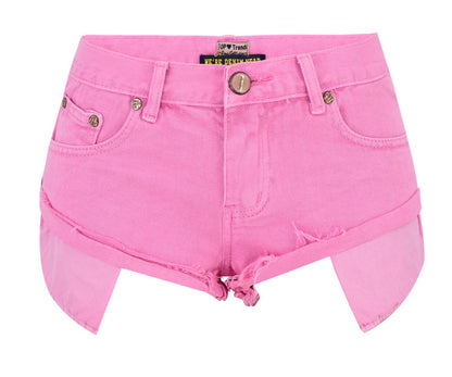 Women Clothing Low Waist Denim Shorts Decadent Loose Non-Elastic Curling Exposure Pocket Beach Pants Macaron Pink