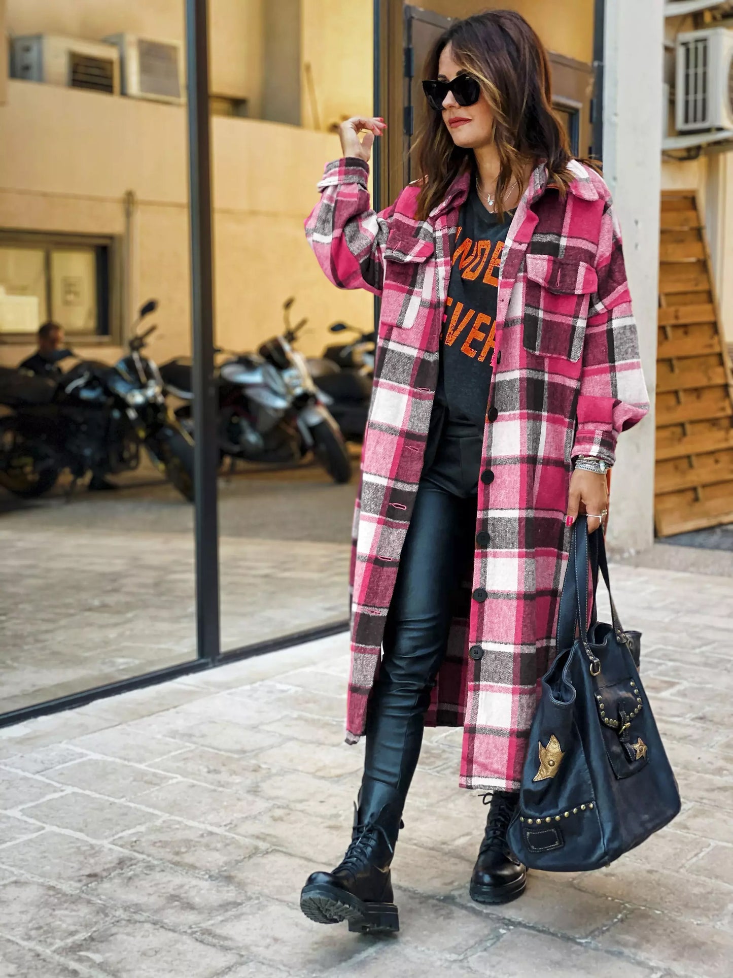 Autumn Winter Long Windbreaker Side Slit Collared Slim Fit Women Woolen Plaid Coat