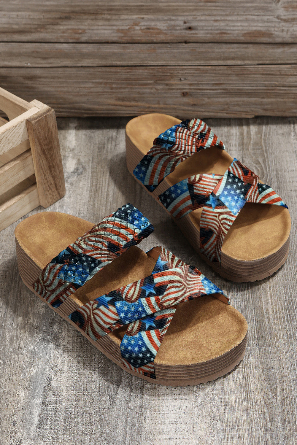 Multicolor America Flag Braided Criss Cross Platform Sandals