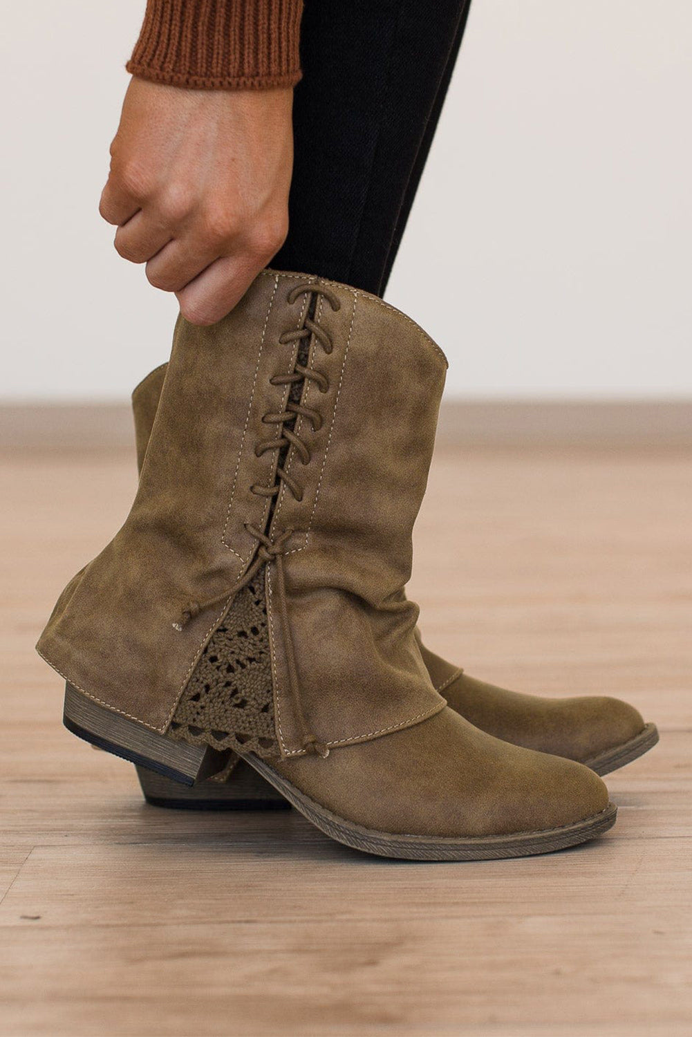 Brown Lace Detail Faux Leather Ankle Boots