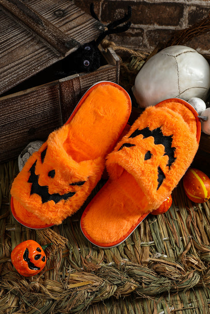 Yellow Fuzzy Halloween Pumpkin Open Toe Slippers