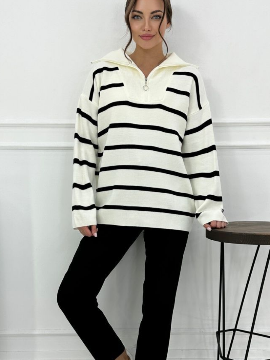 Helena Woman Zip Up Striped Patchwork Sweater