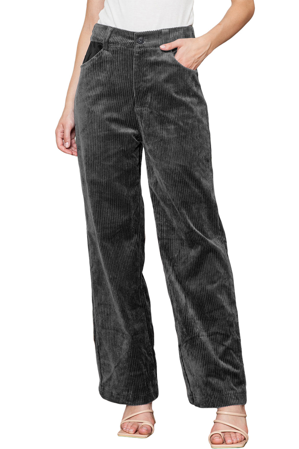 Grey Corduroy High Waisted Wide Leg Pants for Women