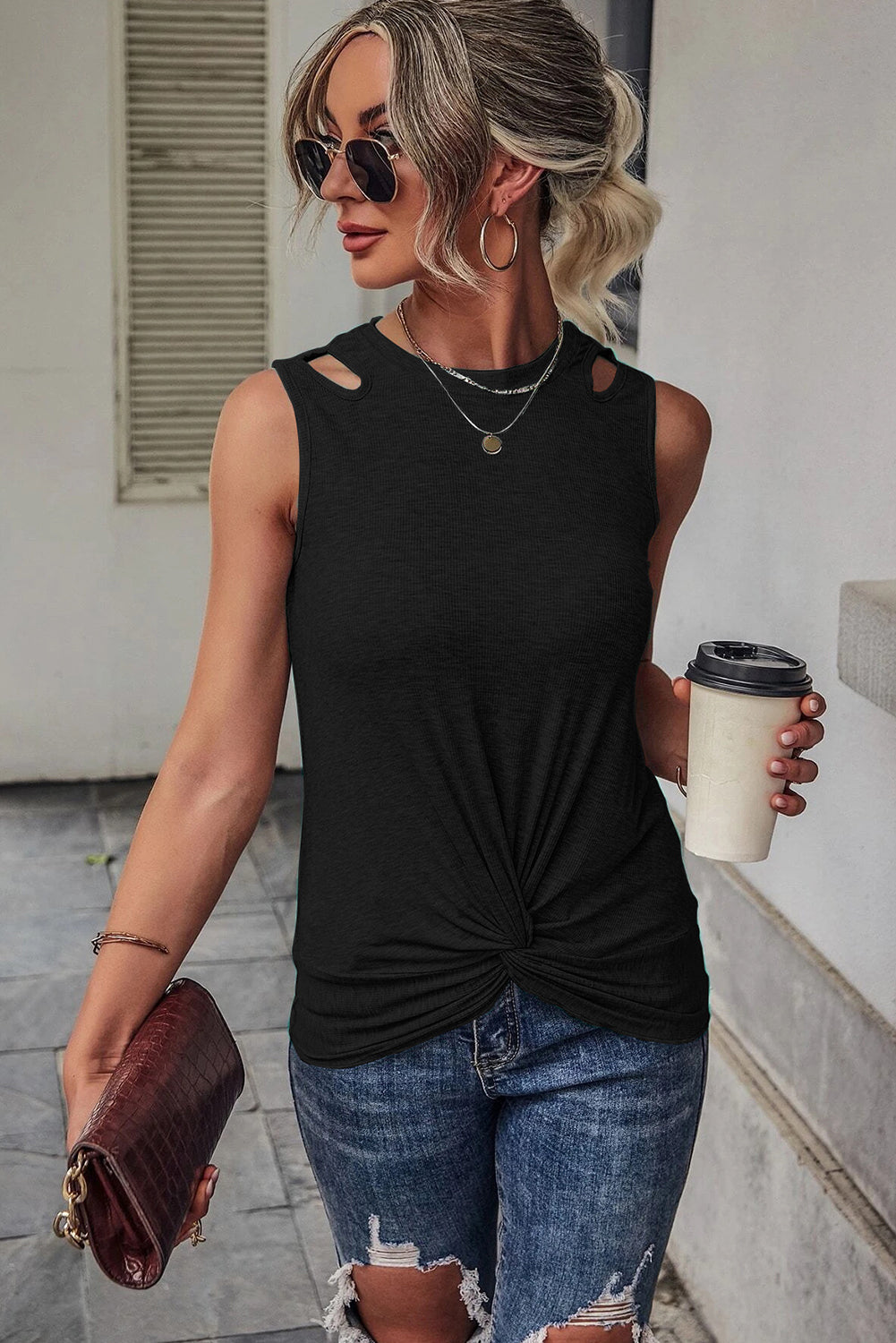 Green Ribbed Knit Cut Out Twist Front Crew Neck Tank Top