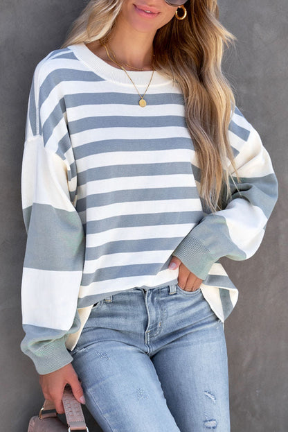 Black Striped Colorblock Drop Shoulder Pullover Sweatshirt