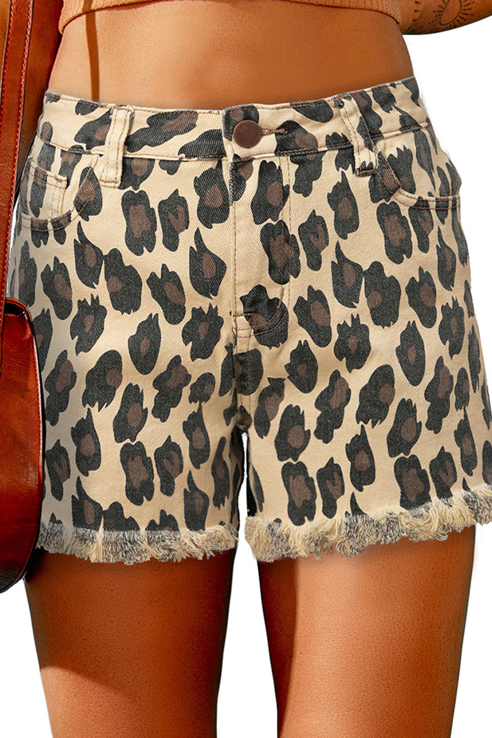 Leopard Frayed Hemline Mid Waist Jean Shorts