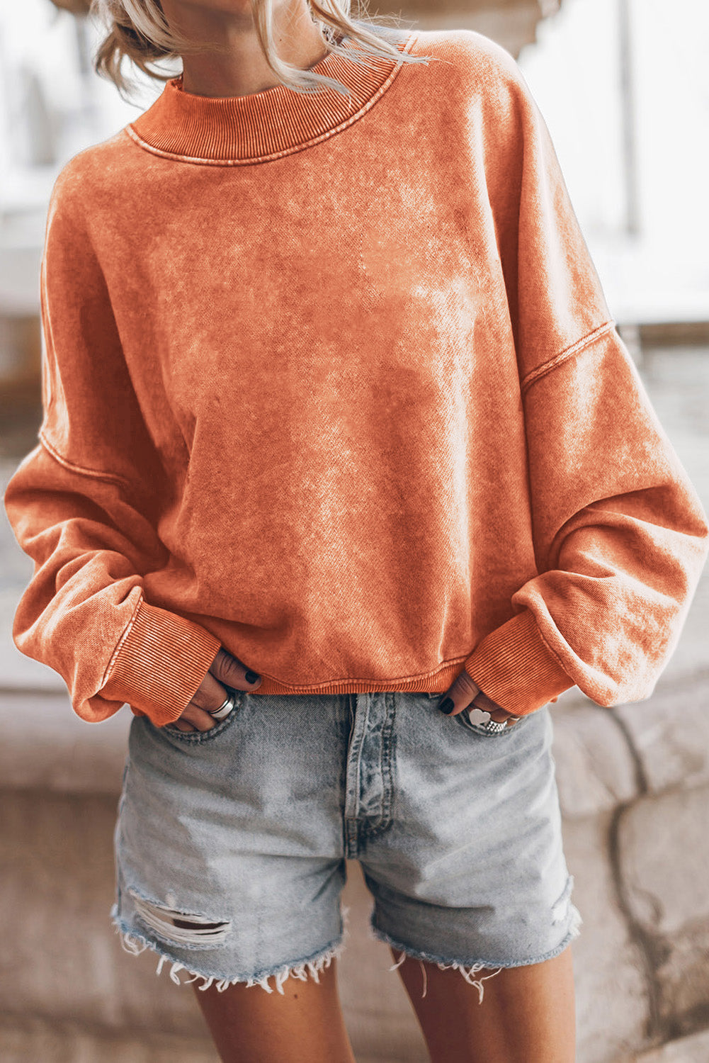 Green Light Plain Washed Drop Shoulder Pullover Sweatshirt