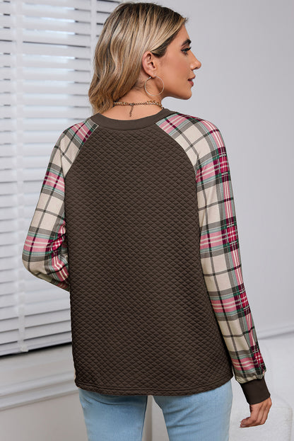 Apricot Plaid Print Quilted Raglan Sleeve Sweatshirt