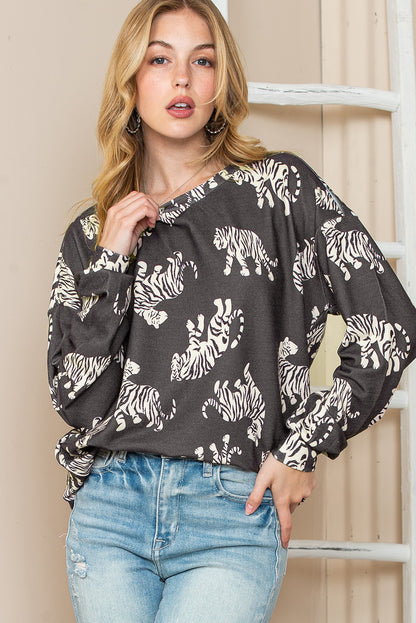 Taupe Animal Print Drop Sleeve Pullover Sweatshirt