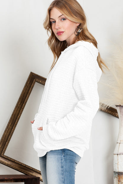 White Lattice Textured Kangaroo Pocket Drawstring Hoodie