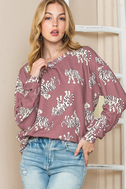 Taupe Animal Print Drop Sleeve Pullover Sweatshirt