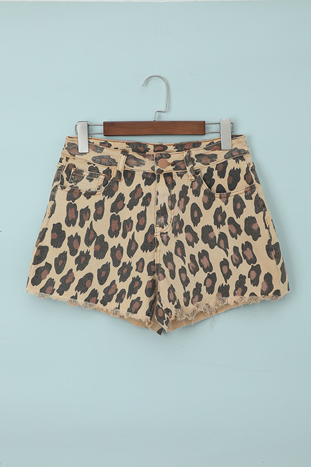 Leopard Frayed Hemline Mid Waist Jean Shorts