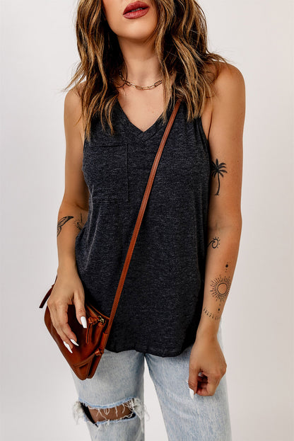 Gray Casual V Neck Racerback Tank Top With Pocket