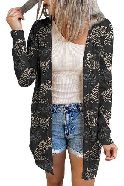 Black Wild Tiger Print Button Front Cardigan