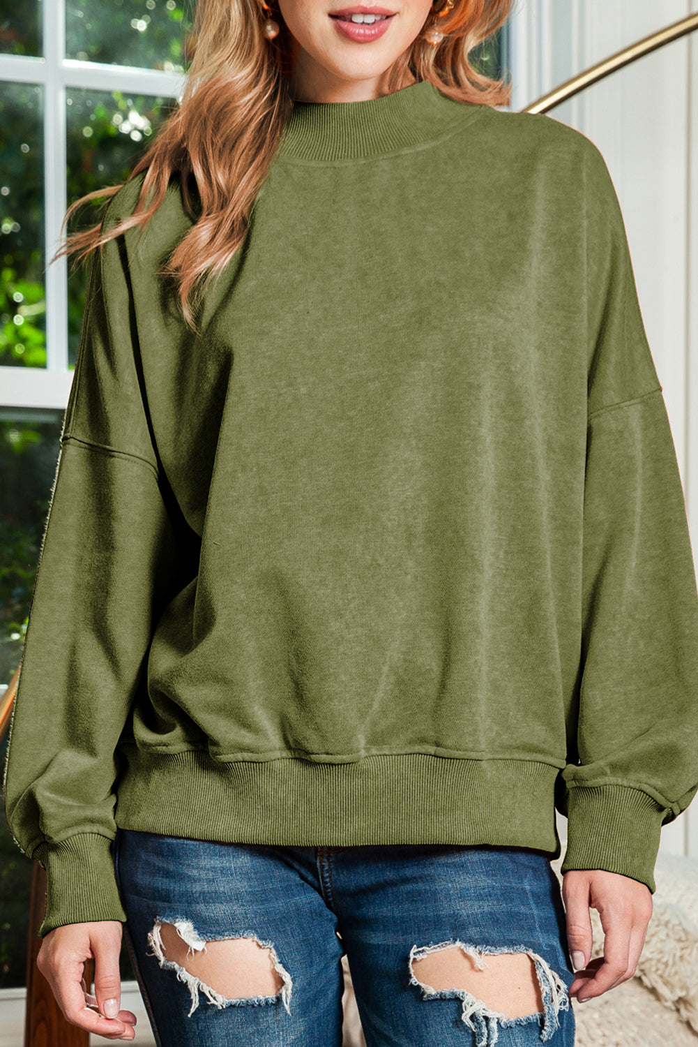 Green Light Plain Washed Drop Shoulder Pullover Sweatshirt