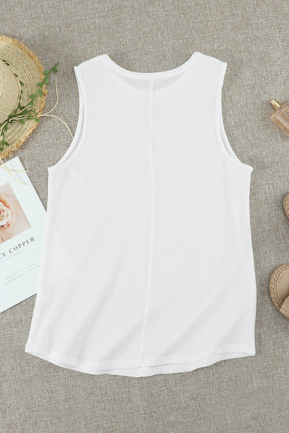 White Basic Waffle Crew Neck Tank Top