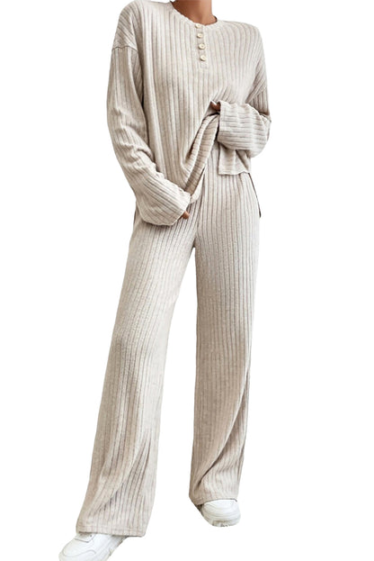 Beige Solid Color Ribbed Henley Top and Pants Set