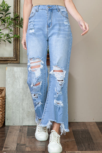 Sky Blue Heavy Destroyed Raw Hem Wide Leg Jeans