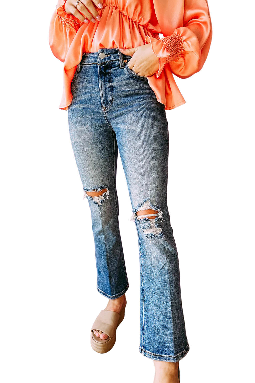 Sky Blue Casual Distressed Ripped Flare Jeans