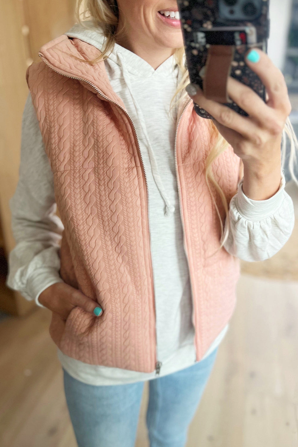 Apricot Pink Textured Pockets Zip Up Vest Jacket