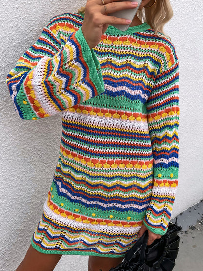 Autumn Winter  round Neck Women Clothing Knitwear Women Rainbow Striped Pullover Mid Length Women Sweater