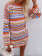 Autumn Winter  round Neck Women Clothing Knitwear Women Rainbow Striped Pullover Mid Length Women Sweater