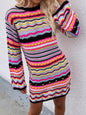 Autumn Winter  round Neck Women Clothing Knitwear Women Rainbow Striped Pullover Mid Length Women Sweater