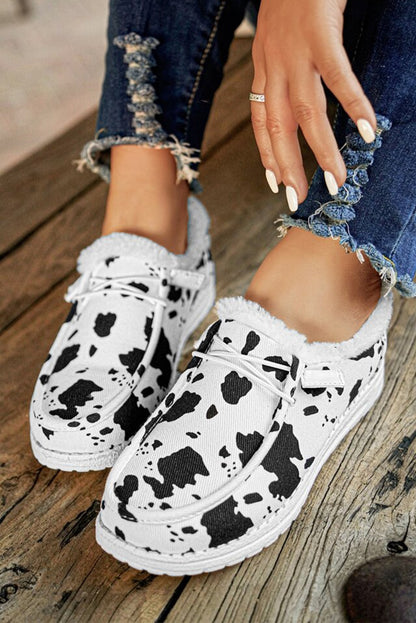 Bright White Animal Pattern Lace-up Decor Front Slip-on Flats