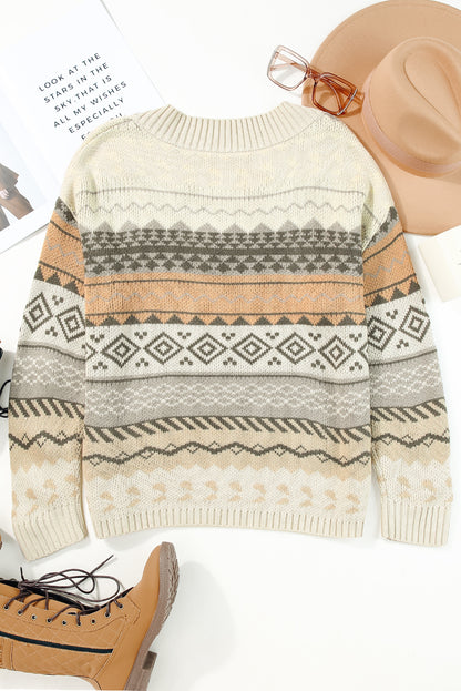 Khaki Geometric Print Ribbed Knitted V Neck Sweater