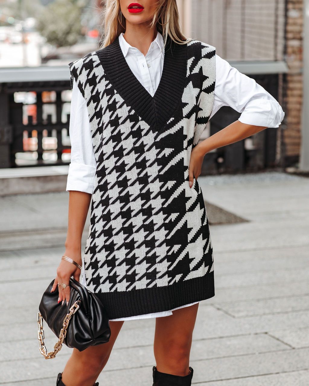 Autumn Winter New  Houndstooth V-neck Loose Sweater  Ladies Vest Vest