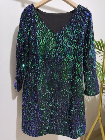 Autumn Winter Casual V neck Long Sleeved Green Stretch Sequ Dress