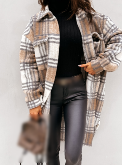 Winter Women Clothing Plaid Brushed Woolen Long Blouse