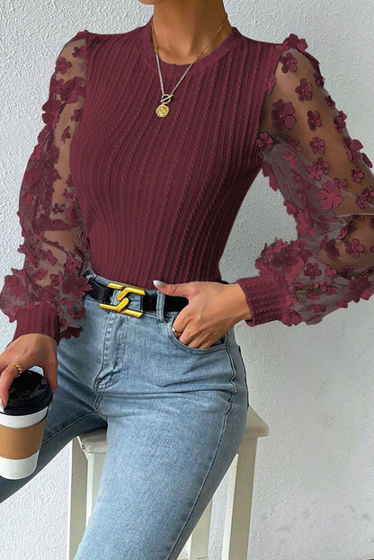 Double Take Textured Applique Long Sleeve Blouse