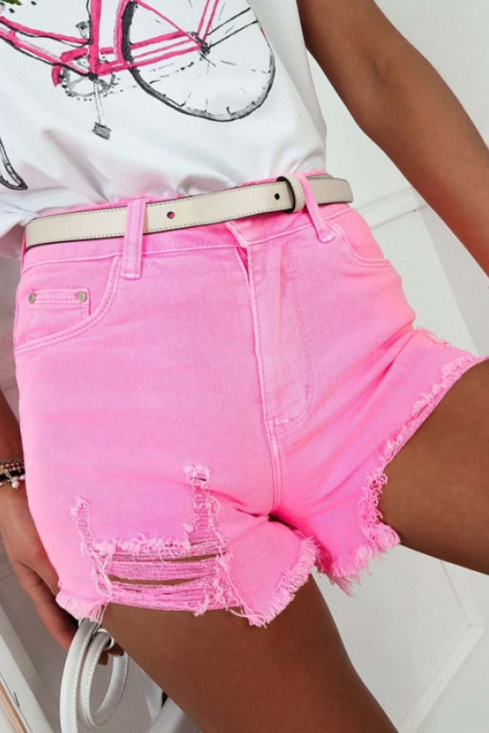 Rose Solid Color Distressed Denim Shorts