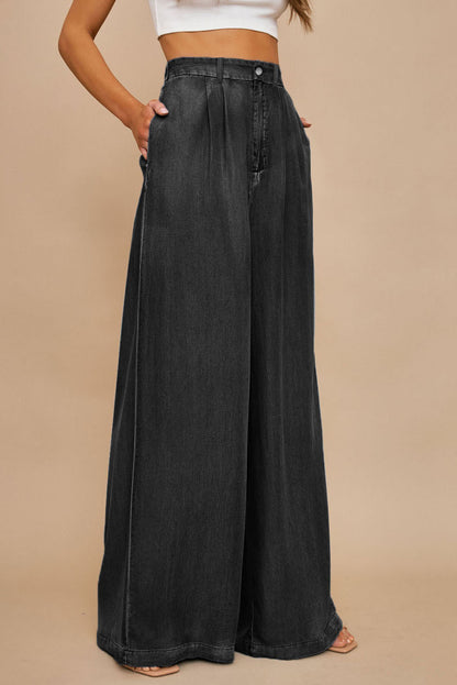 Black Elegant Tencel Wide Leg Soft Denim Flared Pants