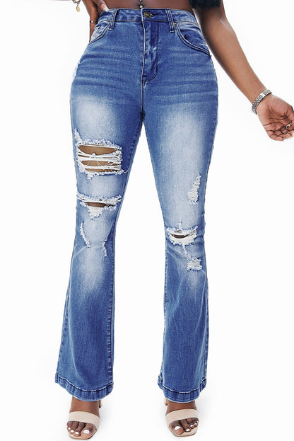 Blue Distressed High Waist Flare Jeans