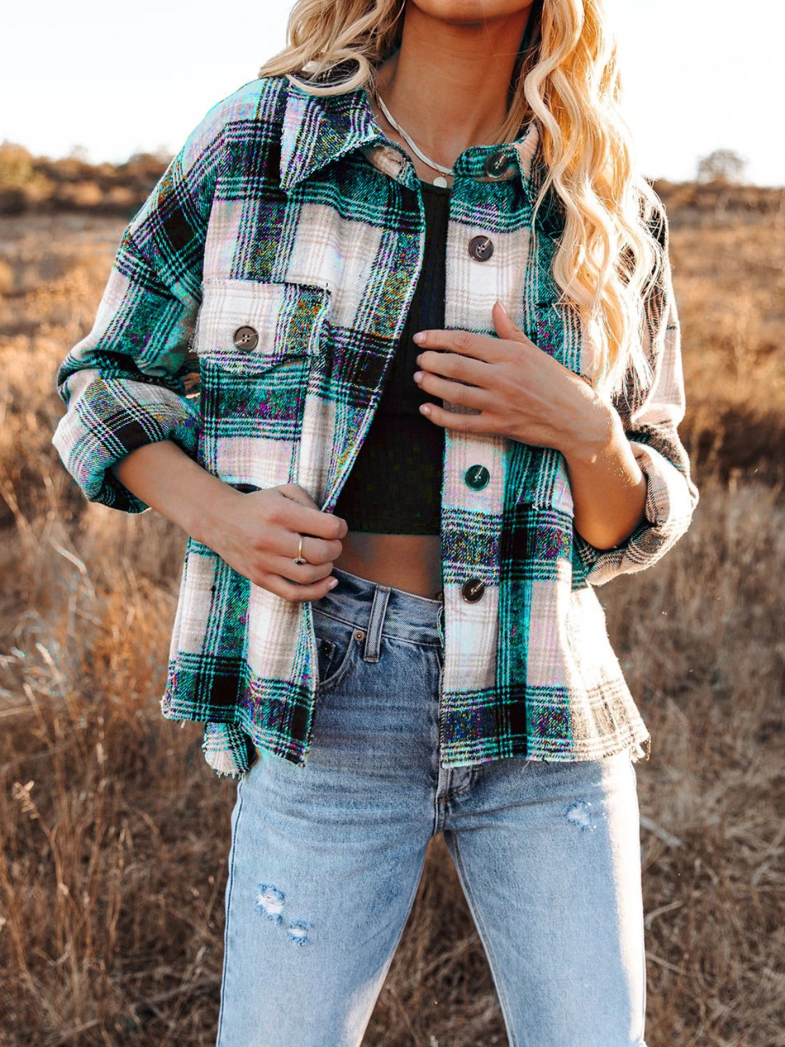 Pocketed Plaid Button Down Long Sleeve Shacket