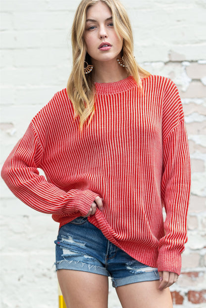 Red Casual Stripe Print Round Neck Sweater