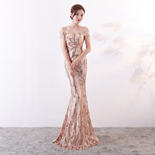 Off the Shoulder Gown Long Fish Tail Sequined Evening Dress Slim Fit Slimming Dress