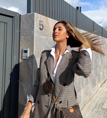 Retro Houndstooth Small Blazer Woolen Coat for Women Autumn Winter Clothing Elegant Slim Fit Thin Looking Blazer Top