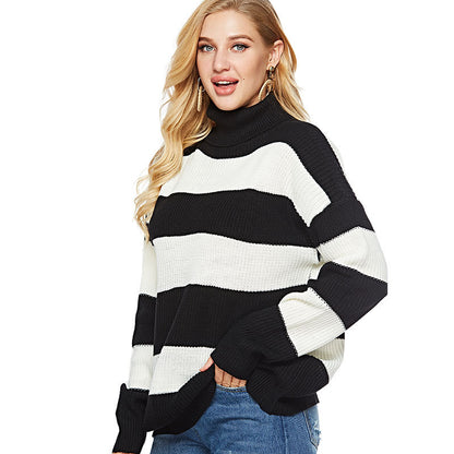 Autumn Winter Casual Striped Turtleneck Knitted Pullover Sweater Women Loose Knitted Bottoming Shirt