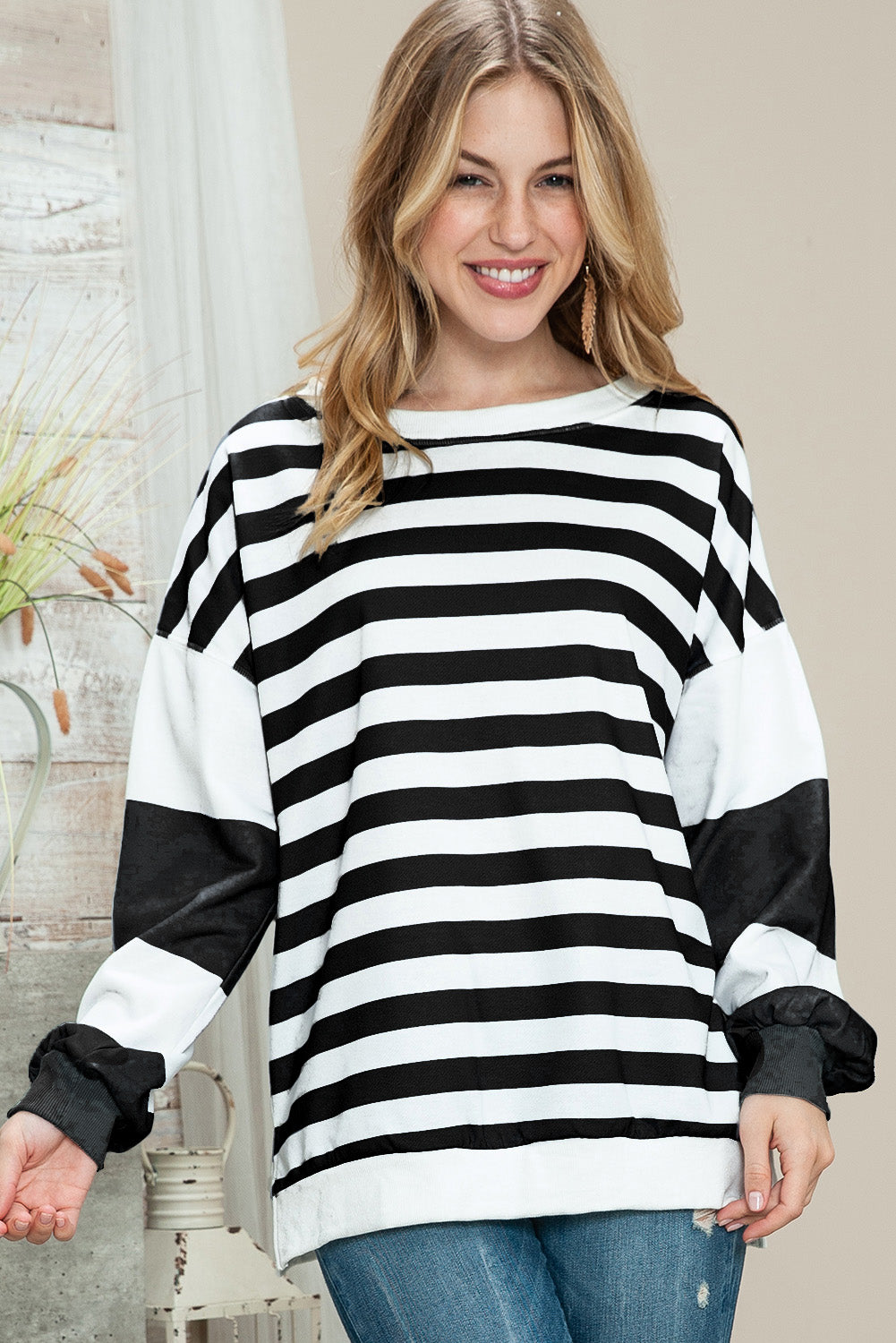 Black Striped Colorblock Drop Shoulder Pullover Sweatshirt