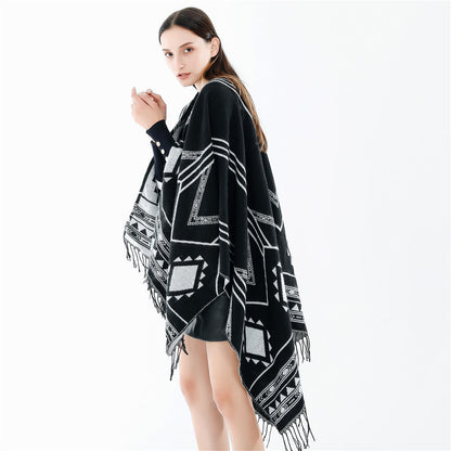 Nepal Geometric Abstract Tassel Split Lengthened Women Shawl Warm Air Conditioned Room Cloak