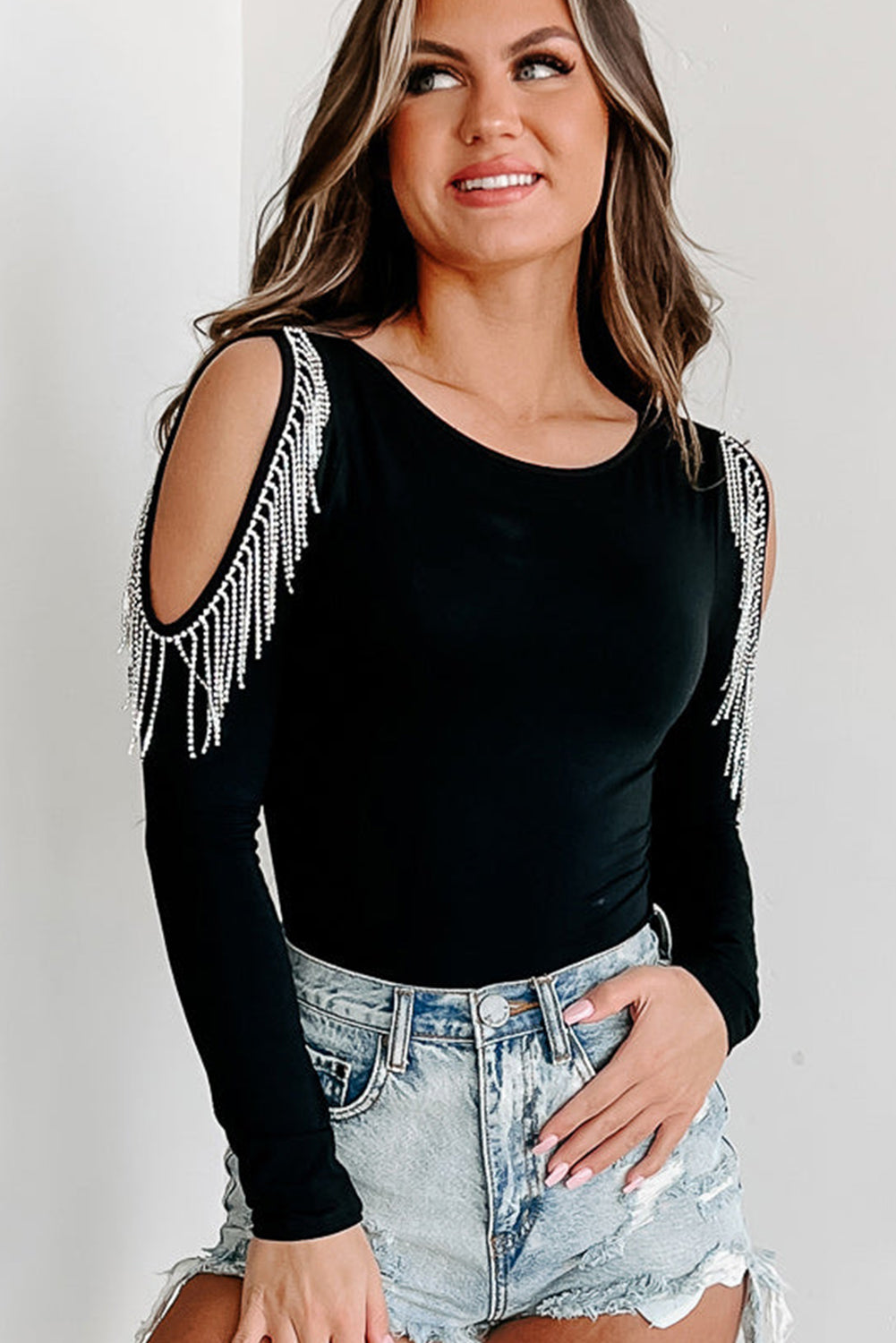 Black Rhinestone Fringed Cold Shoulder Long Sleeve Bodysuit