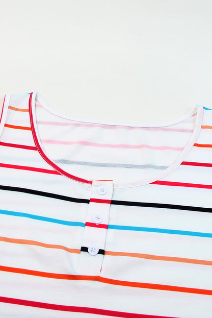 Multicolor Striped Print U Neck Casual Henley Tank Top