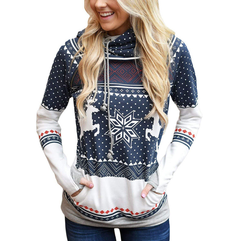 Autumn New    Christmas Printing Pocket Long Sleeve Hooded Casual Hoodie Women