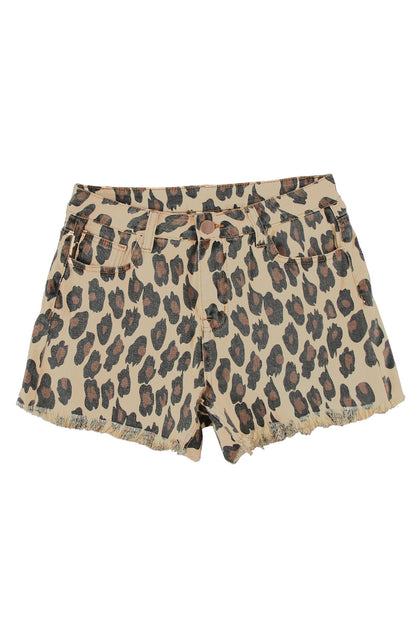 Leopard Frayed Hemline Mid Waist Jean Shorts