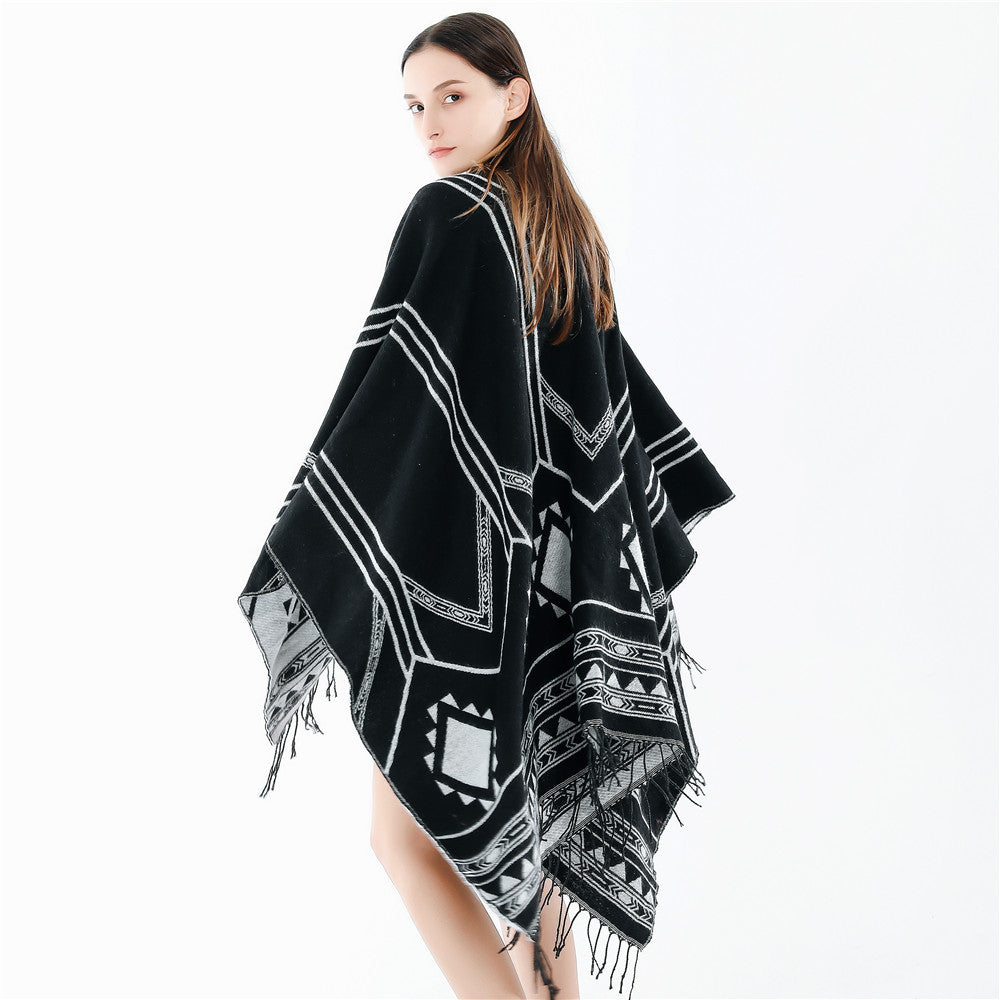 Nepal Geometric Abstract Tassel Split Lengthened Women Shawl Warm Air Conditioned Room Cloak