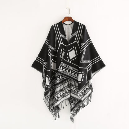 Nepal Geometric Abstract Tassel Split Lengthened Women Shawl Warm Air Conditioned Room Cloak