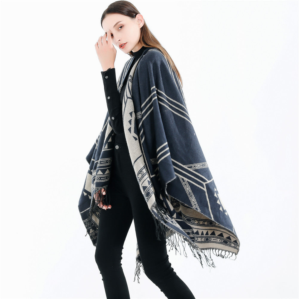 Nepal Geometric Abstract Tassel Split Lengthened Women Shawl Warm Air Conditioned Room Cloak